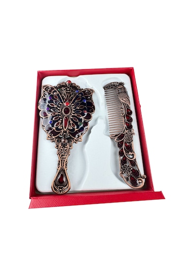 Tavus Kuşu Desenli Vintage Ayna Tarak Seti Özel Tasarım Ve Özel Kutulu 13,5 Cm & 13 Cm Bordo