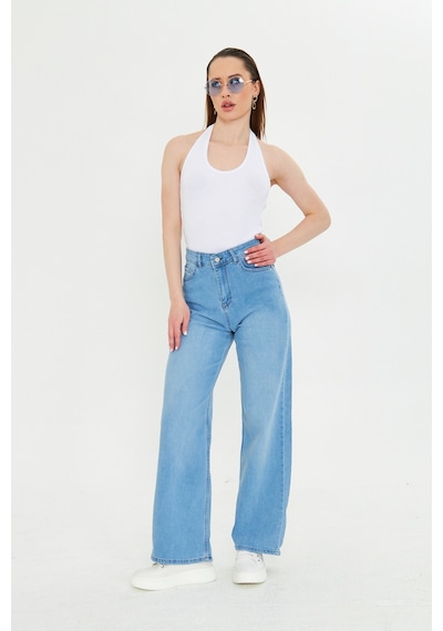 Kutaf Buz Mavi Beş Cepli Palazzo Denim Pantolon Bebe Mavisi