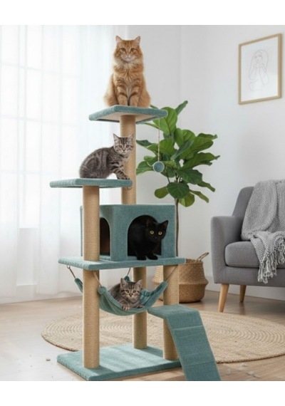 Pet B-07 Hamaklı Yuvalı Lüx Kedi Tırmalama Oyun Evi Turkuaz