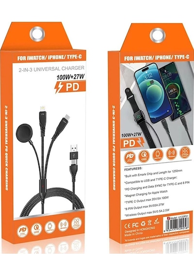 Ally 2x Type-c 100w-27w + Apple Uyumlu Watch İçin Type-c Şarj Kablosu- 5775 Standart