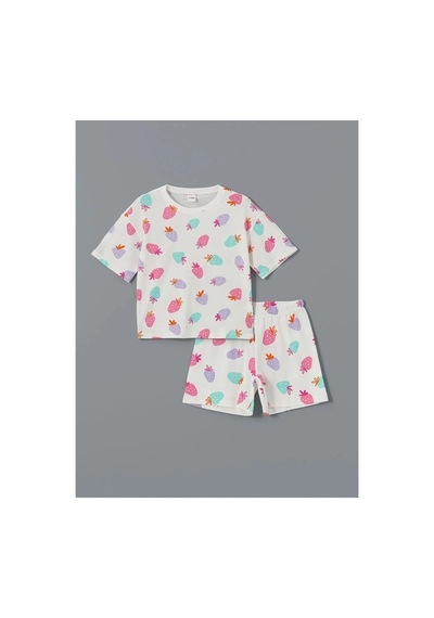 LC Waikiki Lcw Kids Ekru Bisiklet Yaka Kız Çocuk Şortlu Pijama Takımı Ecru Prınted