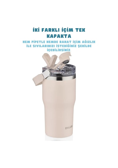 620ml Tumbler Pipetli/pipetsiz Kullanım Kulplu Paslanmaz Çelik Termos Bej
