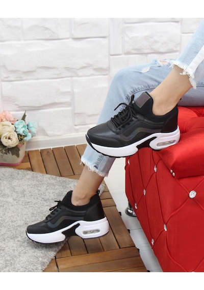 Nesil Shoes Flet 121 Siyah Air Taban Kadın Sneakers Beyaz - Siyah