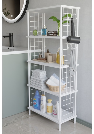 5 Katlı Çevir Kur Beyaz Metal Telli Banyo Rafı Çok Amaçlı Düzenleyici, Organizer Stand Banyo Dolabı Beyaz