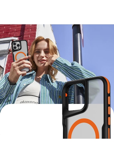 Apple Uyumlu iPhone 16 Pro Max Kılıf M-safe Şarj Özellikli Renkli Kenar Airbag Şeritli Lamer Kılıf Turuncu