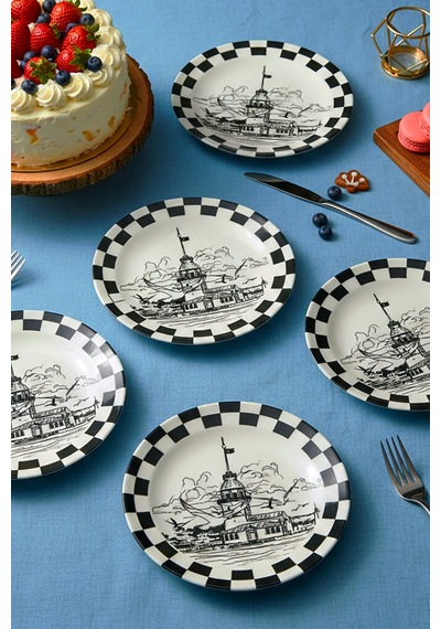 Grandora Istanbul Temalı 6'lı Kız Kulesi Desenli 20 Cm Pasta Tabağı Seti Şık Sunum Pasta Tatlı Tabakları Siyah-beyaz