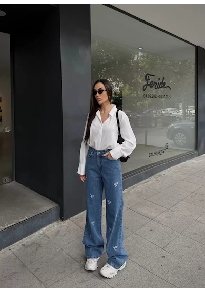 Paradise Drop Fiyonk Nakışlı Bol Kesim Jean Çok Renkli