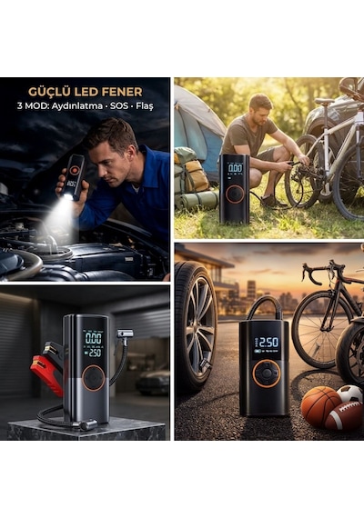 Büro Ev Ofis Kamp Keyfi İçin Powerbanklı Ekranlı Lambalı Akü Takviye Kompresörlü Lastik Pompası