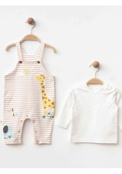 Zekids Erkek Bebek Zürafa Desenli Salopet Ve Uzun Kollu Üst Takım-17511 Çok Renkli