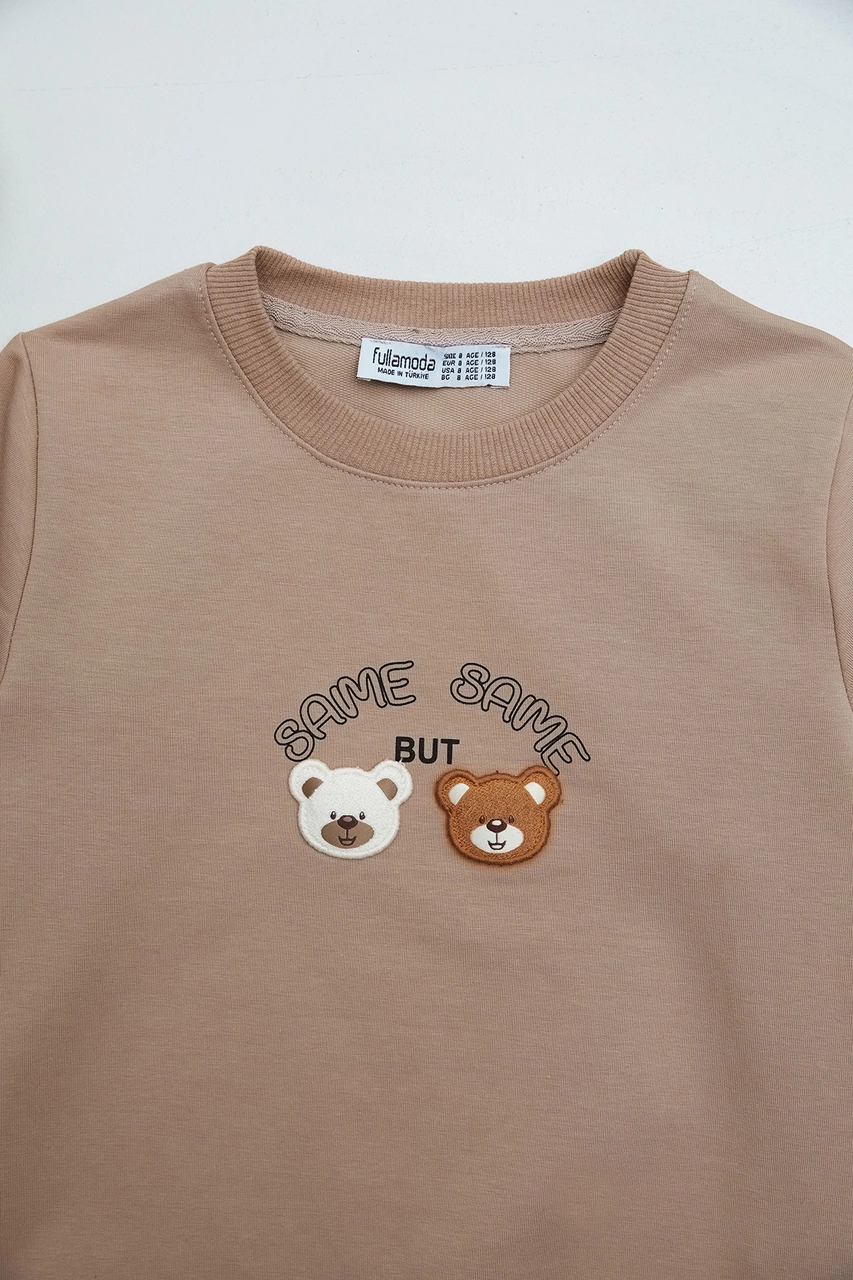 Ayıcık Nakışlı Bisiklet Yaka Kız Çocuk Sweatshirt 25mcck4784132931-vizon Vizon