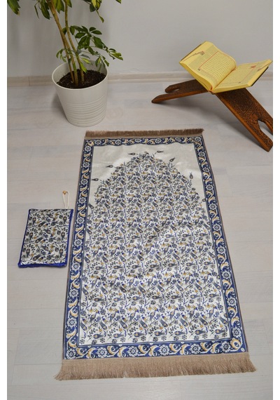 Çantalı Fermuarlı Seccade Lale Desenli Lacivert L012 Hafif Ve İnce Dokulu