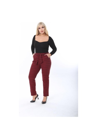 Sea Queen Kadın Büyük Beden Yüksek Bel Kuşaklı Desenli Kaşkorse Pantolon Kırmızı Kareli - 691783498 Kırmızı Kareli