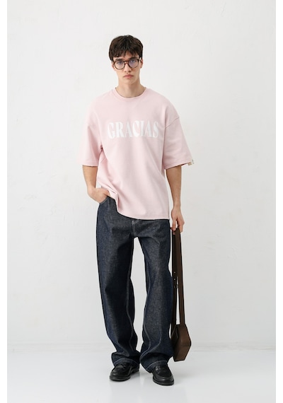Vamos Oversize Baskılı Tişört V70-143 Pembe