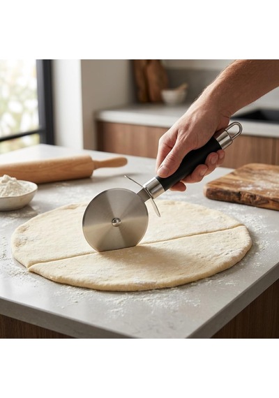 Büyük Boy Siyah Hamur Pizza Kesme Ruleti, Paslanmaz Çelik Diskli Pizza Dilimleyici, Ergonomik Saplı Hamur Börek Pasta Lavaş Kesme Aparatı, Askı Delikli Mutfak Kesici