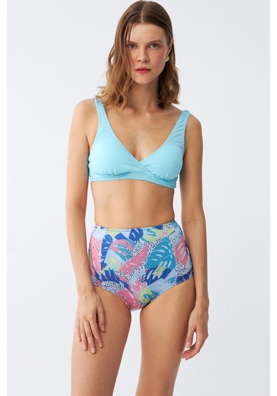 Akbeniz Kadın Pedli Üst Tropik Desenli Yüksek Bel Bikini Takımı - Buz Mavisi Buz Mavi