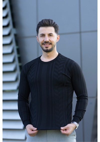 Hk Premium Fitilli Bisiklet Yaka Slim Fit Triko Kazak Siyah