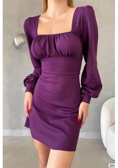 DefyModa Kadın Minimal Krep Kumaş Kare Yaka Uzun Kollu Elbise Mor