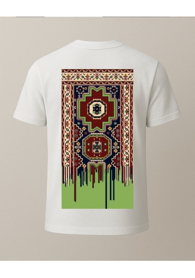 Etnik Yeşil Detaylı Halı Baskılı T-shirt Beyaz