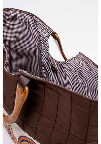Fabric Craft Bag Ahşap Saplı El Çantası Kahverengi Kapitone 46x30 Cm Kahverengi