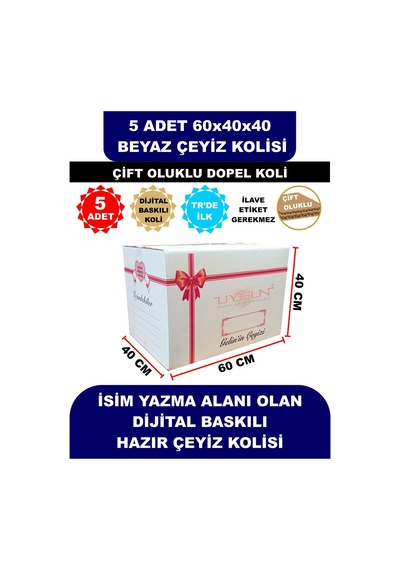 5 Adet 60x40x40 Kurdale Baskılı Beyaz Çeyiz Kolisi, İsim Yazma Alanı Renkli Baskı, Çift Oluklu