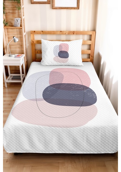 Modern Geometrik Genç Odası Tek Kişilik Pike Takımı - Gri Pembe 160x220 Cm Kapitone Yatak Örtüsü Gizli Çayır Kırığı