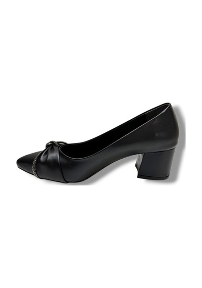 C-shoes 150-26 Cilt Deri Düğüm Taşlı Kalın Topuk Kadın Ayakkabı 38-40 Siyah