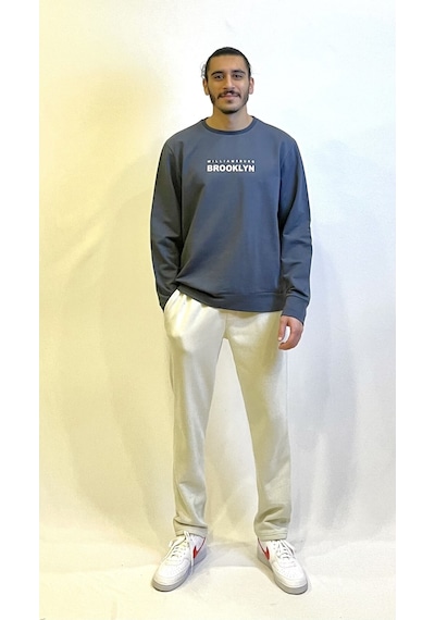Süperlife Erkek Bisiklet Yaka Regular Fit Brooklyn Baskılı İnce Sweatshirt Spr23sw330 Füme