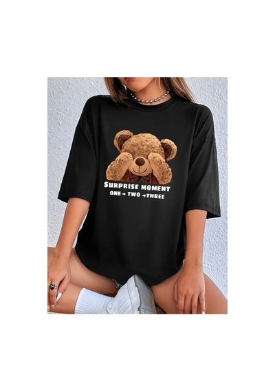 Medinenur Suprise Ayı Baskılı Basic T-shirt Siyah