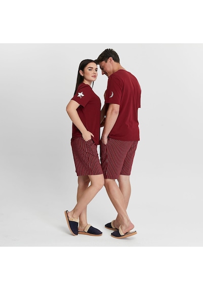 Bella Dossi Romantik Ve Rahat Sevgili Pijama Kombinleri Çift Pijama Şortlu Takım Moon & Star Baskılı Bordo