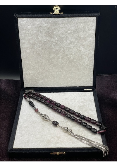 Alpaka Nakkaş İmameli Koyu Mürdüm Sıkma Kehribar Tesbih 9x11 Mm Bordo