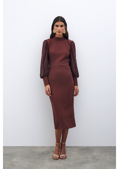 Sateen Midi Boy Kalem Etek - Kahve