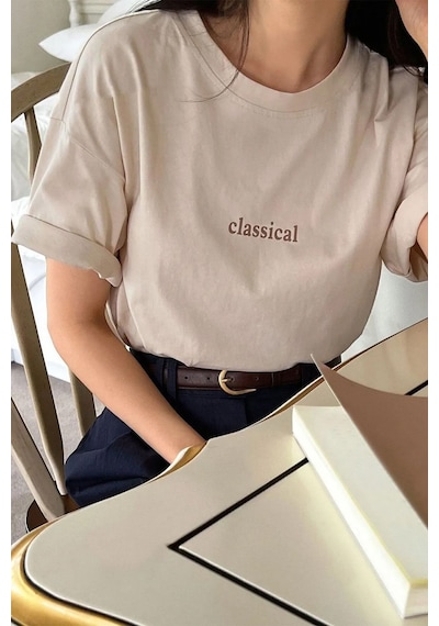 Kadın Bej Classical Ön Baskılı Oversize T-shirt Bej