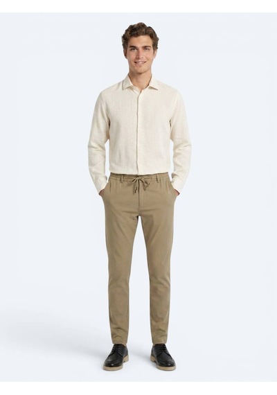 Kip Bej Regular Fit Uzun Dokuma Casual Pamuk Karışımlı Gömlek