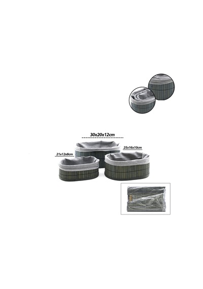 İbico İ22-330 Bambu Kenarlı Oval Organizer Sepet 3'lü Set - Gri Bezli Ahşap Altlıklı