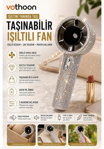 Taşınabilir Fan Kristal Yapay Elmas El Vantilatörü Mini Kişisel El Tipi Fan Işıltılı Soğutma Küçük Fan