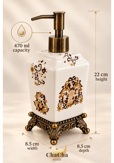 Chacha Home Aurelia Seramik Sıvı Sabunluk 470 Ml Antik Bronz Görünümlü Ayaklı Ve Pompalı 22 Cm Bej - Krem