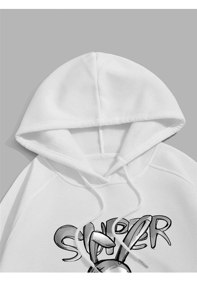 Startmore Unisex Super Baskılı Kapüşonlu Sweatshirt Beyaz Beyaz