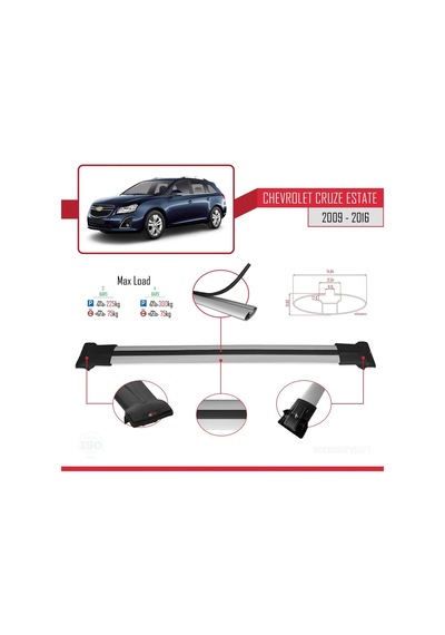 Chevrolet Cruze 2009-2016 Arası İle Uyumlu Fly Model Ara Atkı Tavan Barı Gri 3 Adet Bar