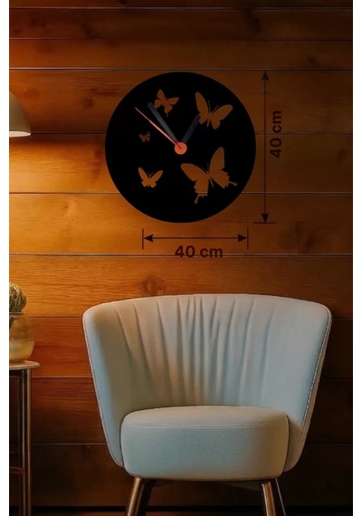 Mey İthalat Uçuşan Kelebekler Tasarım Ahşap Duvar Saati - 40x40 Cm Dekoratif Çok Renkli