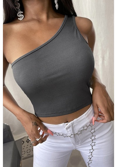 Moda Dua Kadın Koyu Gri Tek Omuz Crop Büstiyer
