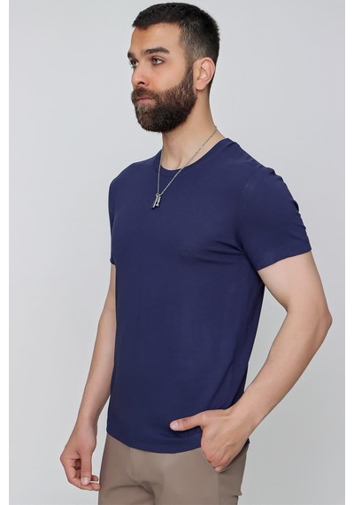 Efor Slim Fit Bisiklet Yaka Düz Pamuklu Lacivert Tişört Ts 823 Lacivert