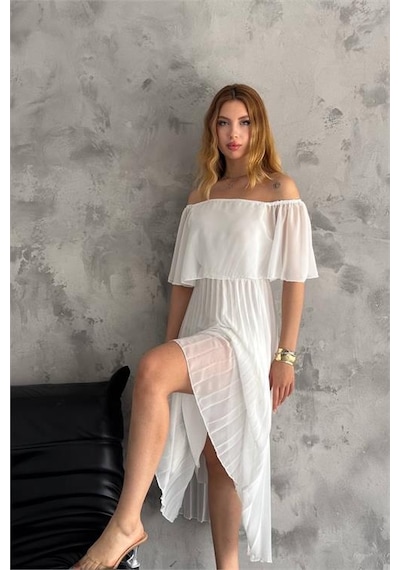 Neşeli Butik Kadın Madonna Yaka Piliseli Şifon Elbise Nbk2099 Beyaz