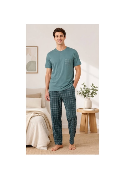 Pijamask Erkek Ekose Desenli Cepli Kısa Kollu Pijama Takımı Turkuaz