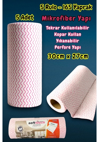 Technow Softtex 33 Yaprak Kopar Kullan Rulo Hassas Temizlik Bezi 27x30cm 5 Adet Pembe