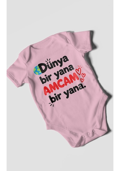 Morivokids Dünya Bir Yana, Amcam Bir Yana Kısa Kollu Bebek Body %100 Pamuk Koyu Pembe
