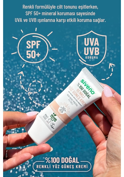 Siveno %100 Doğal Yüz Güneş Kremi Renkli Ton Eşitleyici Leke Karşıtı Uva Uvb Spf 50+ 30 ML