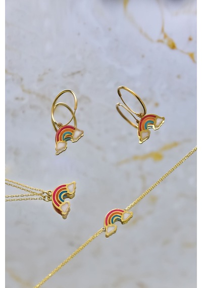 Papatya Silver 925 Ayar Gümüş Gold Kaplama Parlayan Rüya Serisi Mineli Gökkuşağı Kolye, Bileklik ve Küpe Set