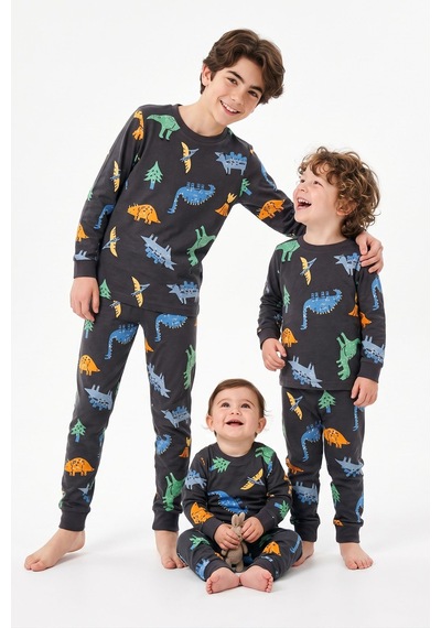 Zuzunga Dinozor Desenli Siyah Uzun Kollu Erkek Çocuk Pijama Takımı Antrasit