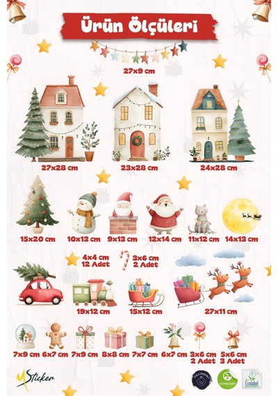 Yılbaşı Cam Sticker Seti 35+ Parça Büyük Boy Noel Pencere Süsleri Çıkart & Yapıştır Çocuk Odası Salon Vitrin Dijital Baskı