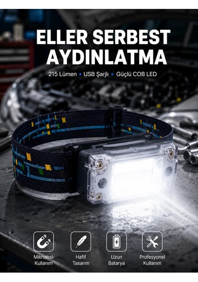 Kompakt Led Kafs Feneri Usb Şarjlı Manyetik 2 Işık Modlu 215 Lümen Yeni Nesil Siyah